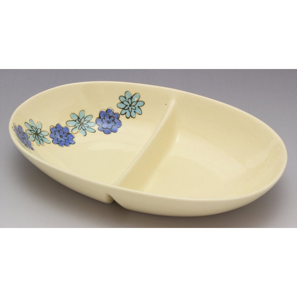 SOUSEN Kiln 18cm Medium Plate Blue - Seto Ware Two-Compartment Divided Dish with Bird Pattern