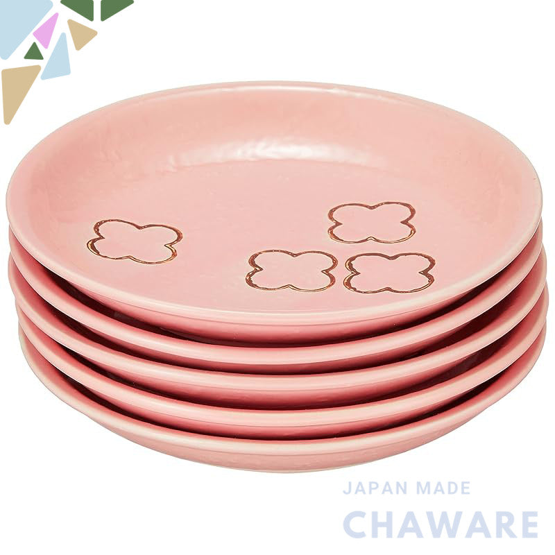 Seto-yaki Cross Flower 5-Piece 15cm Pink Ceramic Plate Set – Microwave Safe, Made in Japan