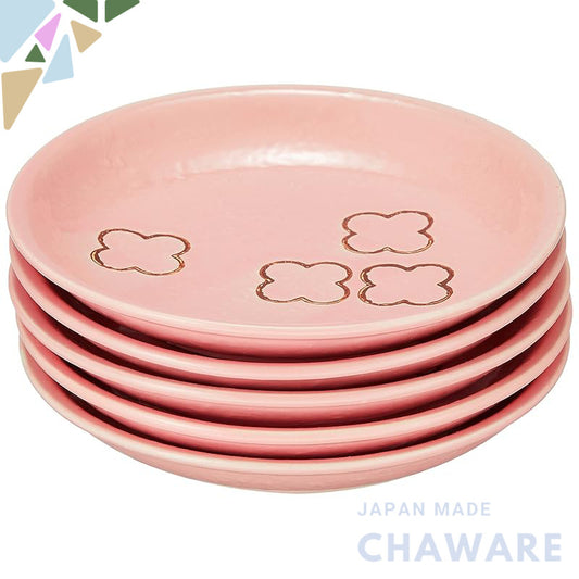 Seto-yaki Cross Flower 5-Piece 15cm Pink Ceramic Plate Set – Microwave Safe, Made in Japan