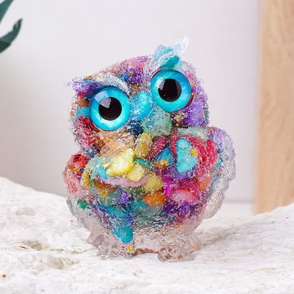 Natural Quartz Chip Resin Owl Figurine, Green/Blue/Yellow Desktop Home Decor – 7.5×6.5 cm & 4×5 cm