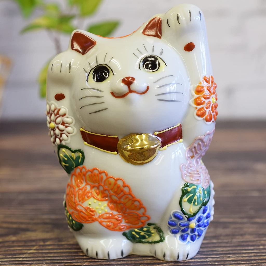 Cute Kutani Maneki Neko Ceramic Figurine, Both-Paws Floral Lucky Cat for Feng Shui Home Decor Gift