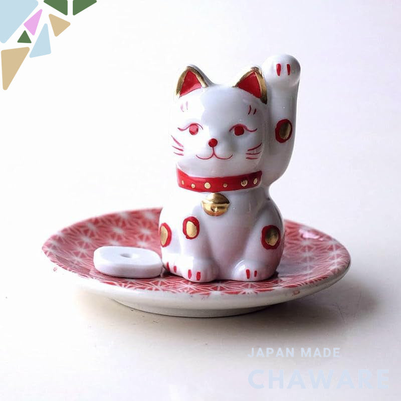 Seto-Yaki Ceramic Cat Incense Holder with Small Maneki-Neko Dish — Cute Palm-Sized Japanese Incense Burner