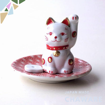 Seto-Yaki Ceramic Cat Incense Holder with Small Maneki-Neko Dish — Cute Palm-Sized Japanese Incense Burner