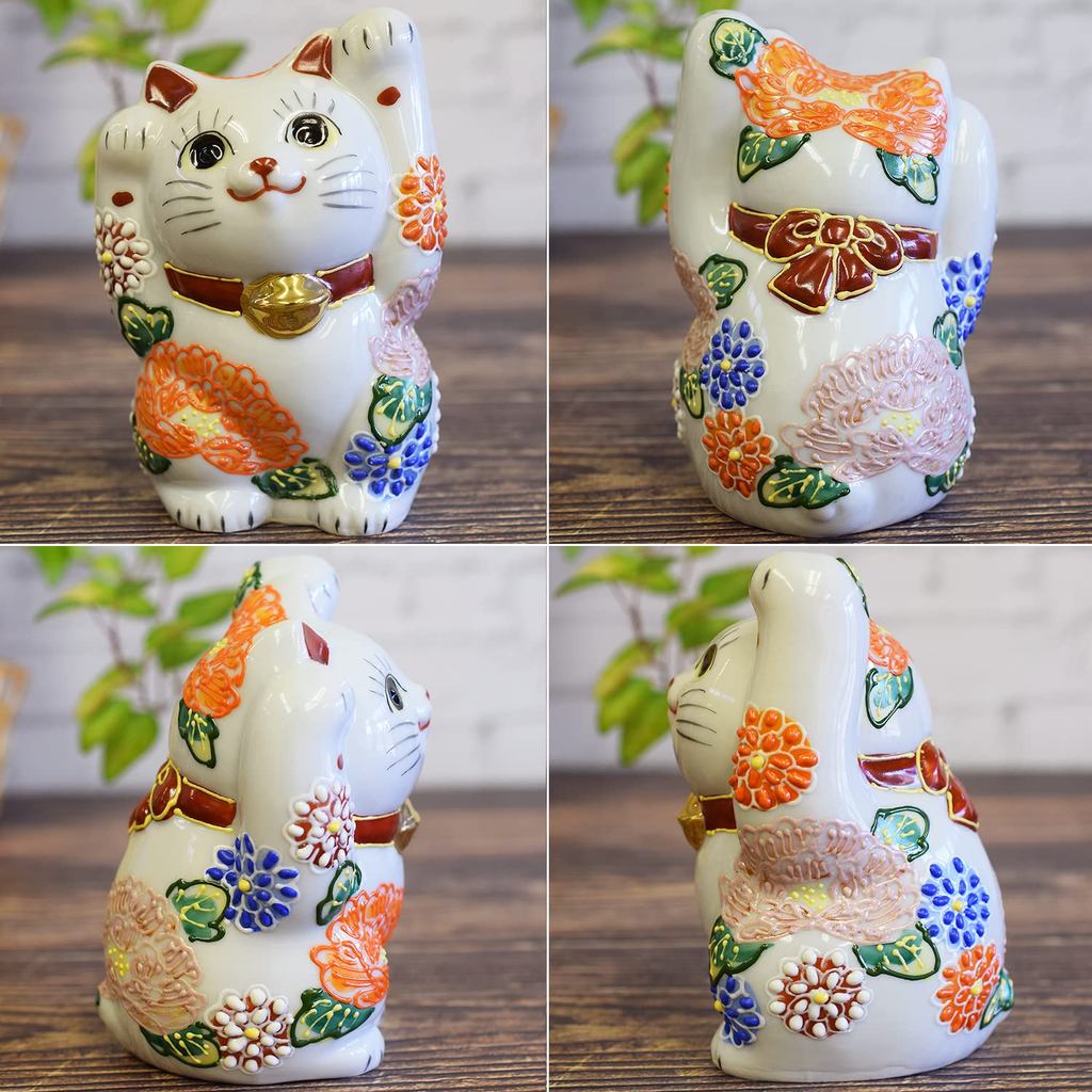 Cute Kutani Maneki Neko Ceramic Figurine, Both-Paws Floral Lucky Cat for Feng Shui Home Decor Gift