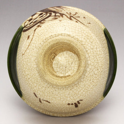 Seto Ware "Kato Rokubei" Oribe Window-and-Crane Ceramic Rice Bowl & Teacup - Made in Japan