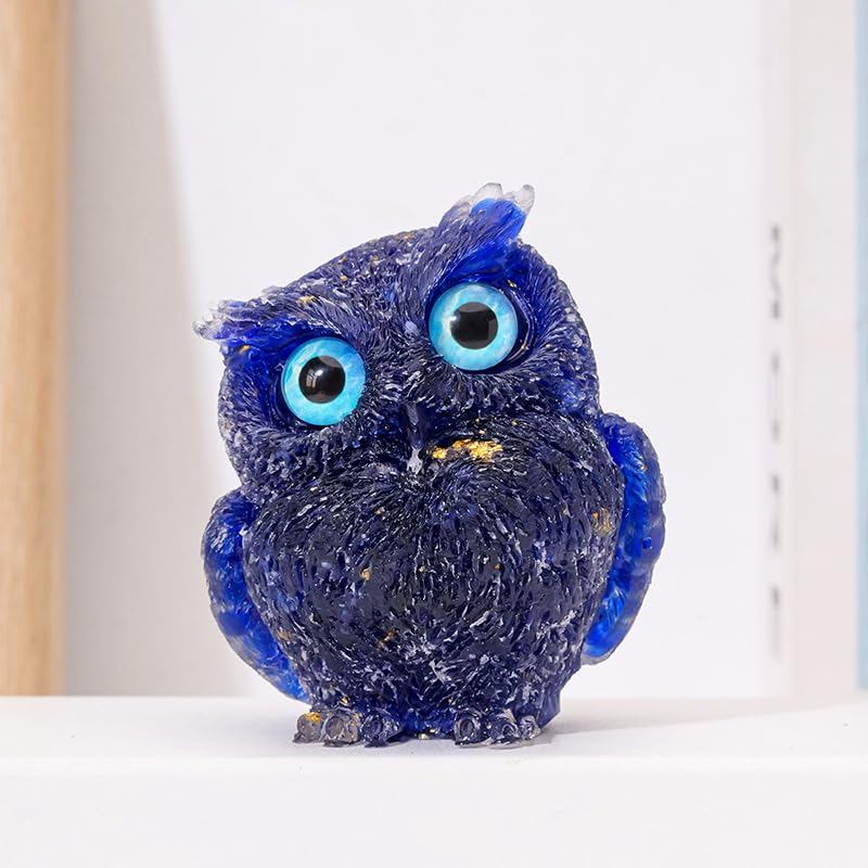 Natural Quartz Chip Resin Owl Figurine, Green/Blue/Yellow Desktop Home Decor – 7.5×6.5 cm & 4×5 cm