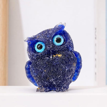 Natural Quartz Chip Resin Owl Figurine, Green/Blue/Yellow Desktop Home Decor – 7.5×6.5 cm & 4×5 cm