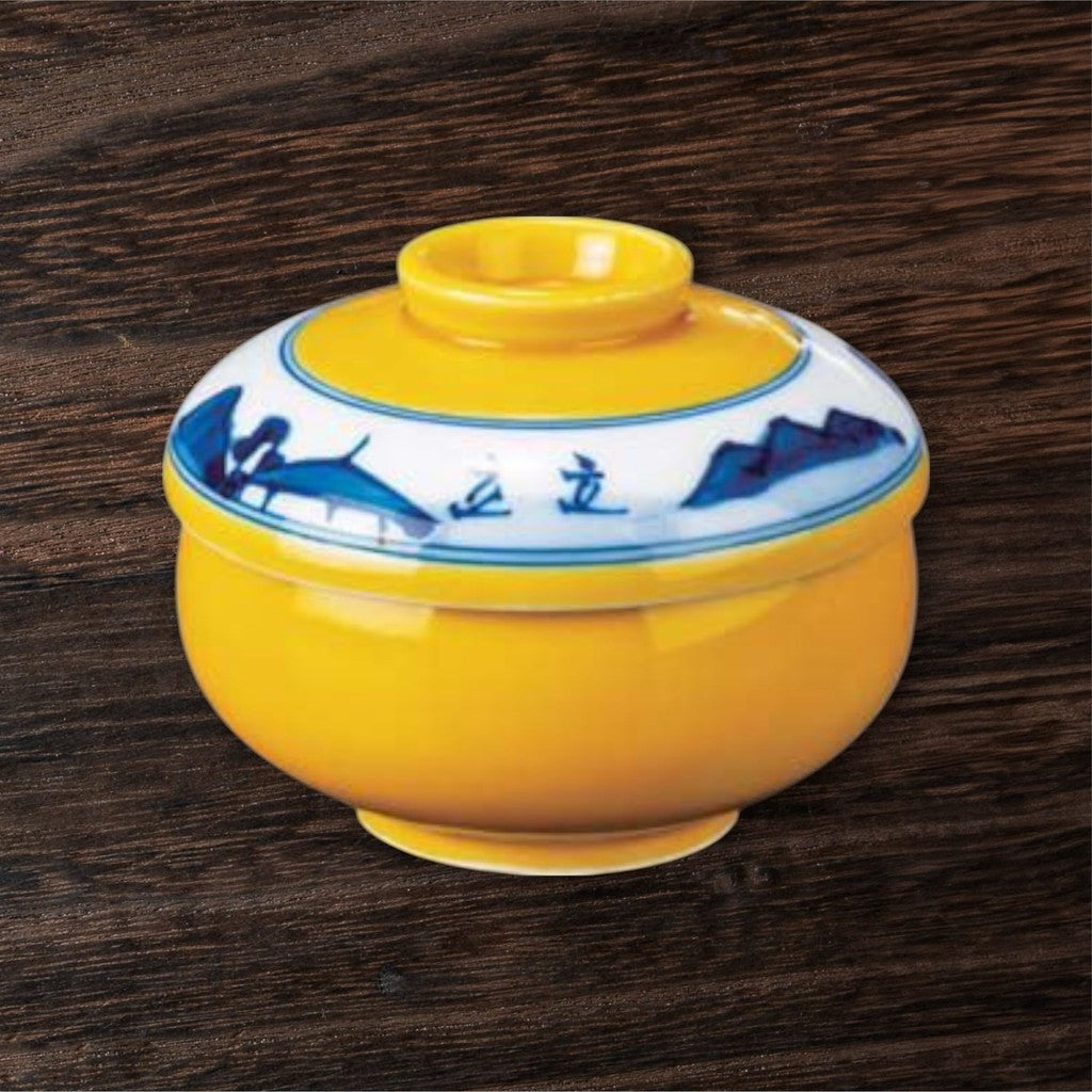 【made in japan】
Takumi Bifu Arita Yaki Chawanmushi Bowl in Yellow Glaze with Landscape Design, Handmade Japanese Steam Dish, Perfect for Japanese Cuisine.