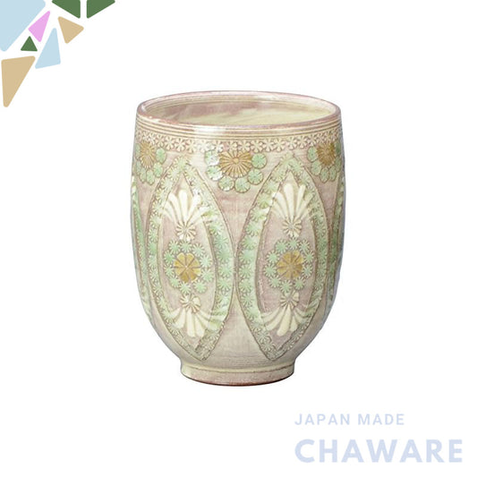 【made in japan】
Kyoto-Style Kiyomizu Ware Toraku Kiln Small Tea Cup with Purple and Green Pattern, Oval Shape, Model UTD