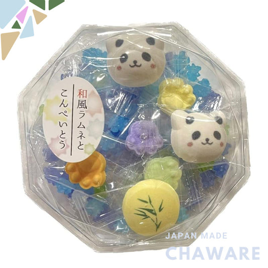 "Panda Ramune Candy with Konpeitou – Japanese Marble Soda Sweets – Colorful Crunchy Sugar Candy Treats"