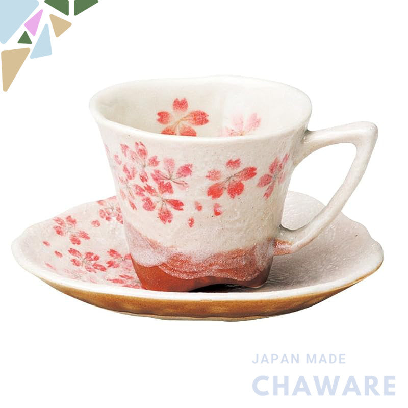 【made in japan】
Monshoh Pottery Coffee Cup Set with Saucer - Heian Cherry Blossom Design, Red; Cup Dimensions: φ8.5×7cm 