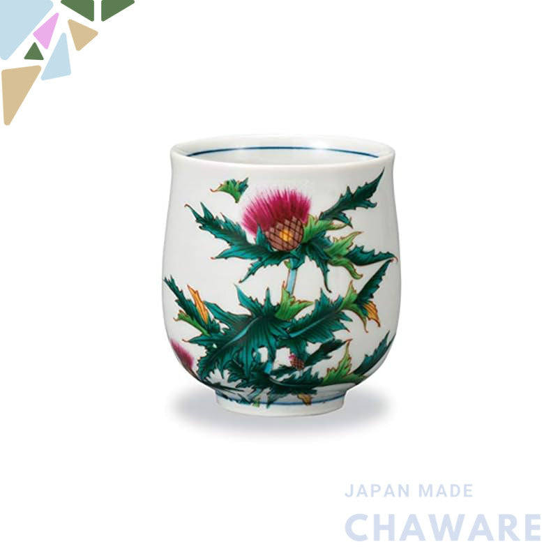 Marusan Miyamoto Kutani-yaki Tea Cup, 7.2cm Diameter x 8.2cm Height, Seasonal Flower Design, Thistle Pattern, Perfect fo