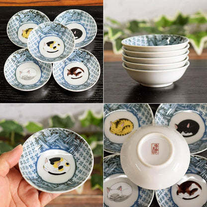 【made in japan】Waza no Kura Stylish Kutani Ware Tableware Set of 5 Small Bowls with Sleeping Cat Design, Luxury Japanese Ceramics, Perfect for Wedding Gifts, Celebrations, and Everyday Use.