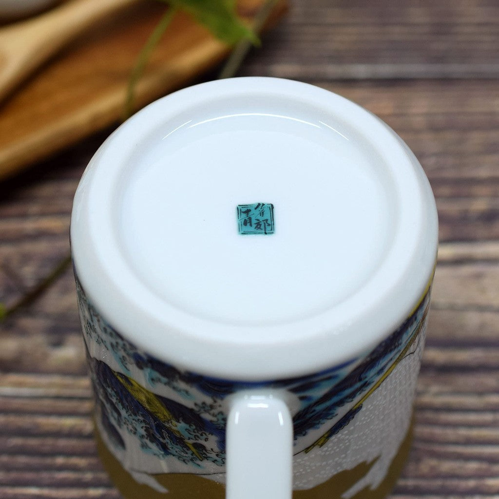 Kuwata Ware Kutani Porcelain Hokusai Wave Mug - High-End Brand Tableware, Made in Japan, Perfect Gift for 77th Birthday Celebration