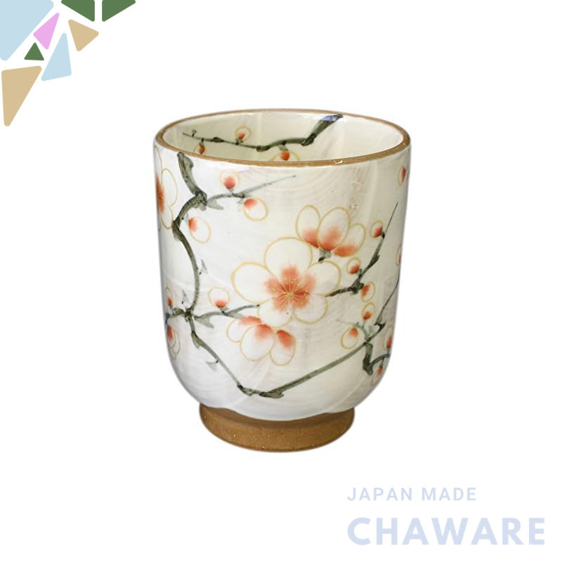 Aito Kyo-yaki Kiyomizu-yaki Touan-yaki Large Tea Cup (In Wooden Box) with Red and White Plum Blossom Design, Model TOUA017-01. - Made in Japan