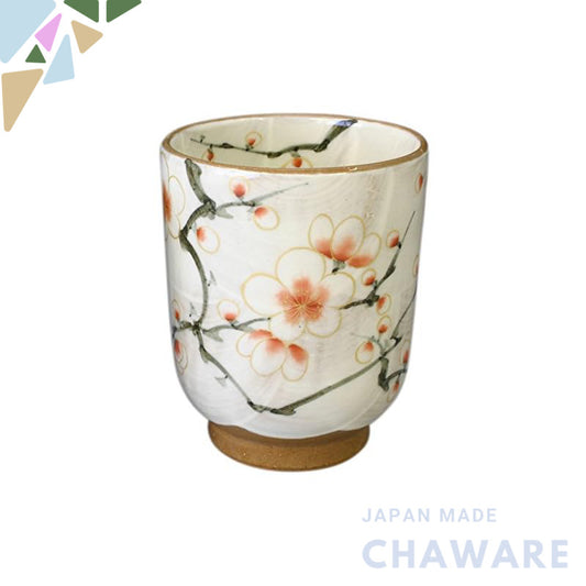 Aito Kyo-yaki Kiyomizu-yaki Touan-yaki Large Tea Cup (In Wooden Box) with Red and White Plum Blossom Design, Model TOUA017-01. - Made in Japan