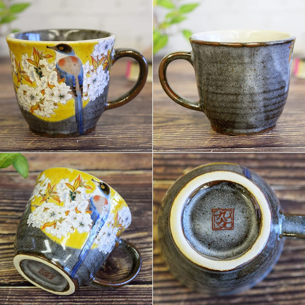 Elegant Kutani Porcelain Mug - Yoshidaya Mountain Cherry Blossom with Bird Design, Premium Quality Japanese Tableware, Stylish and High-End Gift Idea
