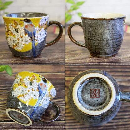 Elegant Kutani Porcelain Mug - Yoshidaya Mountain Cherry Blossom with Bird Design, Premium Quality Japanese Tableware, Stylish and High-End Gift Idea