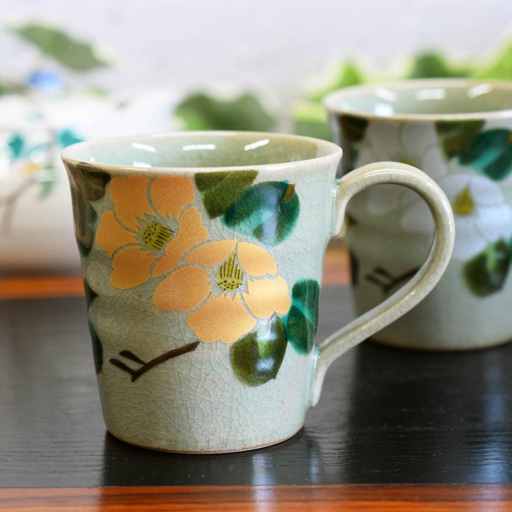Stylish Pair of Waza no Kura Kutani-Yaki Ceramic Mugs - Premium Gold and Silver Camellia Design, High-End Japanese Tableware, Made in Japan.chaware