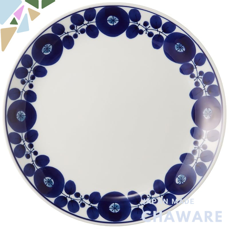 Hakuji Ceramics Dinner Plate in Blue Floral Wreath Design, Approximately 26cm - Japanese Made Hasami Ware, Model ama-525