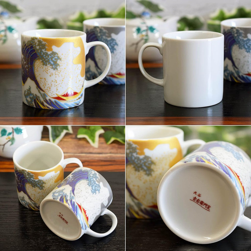 Stylish Pair of Kutani Porcelain Mugs from Waza no Kura - High-End Hokusai Wave Design Tableware, Made in Japan. Perfect Gift for Art Lovers and Tea Enthusiasts.chaware