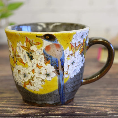 Elegant Kutani Porcelain Mug - Yoshidaya Mountain Cherry Blossom with Bird Design, Premium Quality Japanese Tableware, Stylish and High-End Gift Idea
