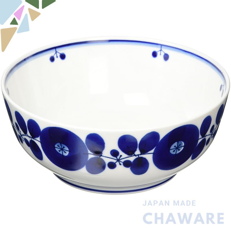Hakuin Porcelain Blue Bloom Large Bowl (Approx. 18.5cm Diameter x 7.5cm Height) Made in Japan, Hasami Ceramics