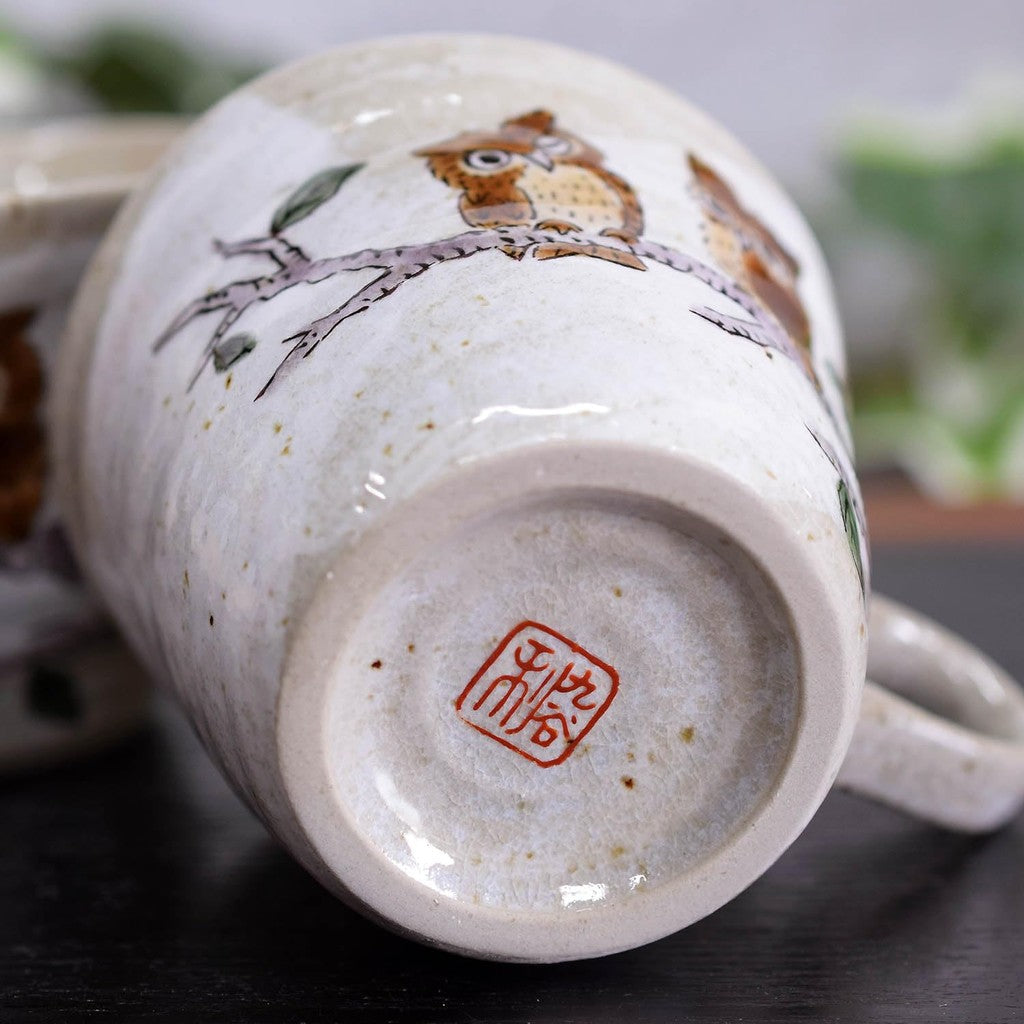 Stylish Japanese Kutani-Yaki Owl Ceramic Mug Set - Premium Quality Pair from Waza no Kura, Elegant Tableware, Made in Japan.