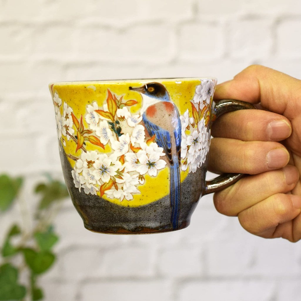 Elegant Kutani Porcelain Mug - Yoshidaya Mountain Cherry Blossom with Bird Design, Premium Quality Japanese Tableware, Stylish and High-End Gift Idea