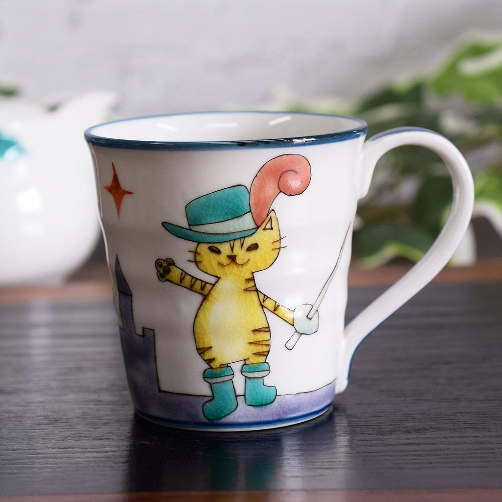 Stylish Kutani Ceramic Mug - The Cat in Boots Design, Premium Quality Tableware, Japanese Made, Perfect for Tea or Coffee Lovers.chaware