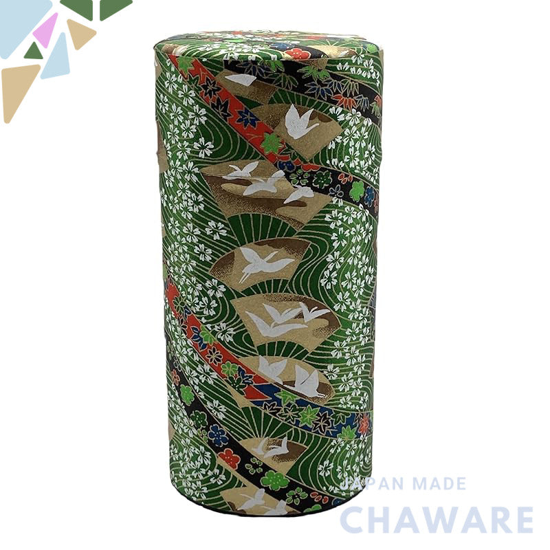 Noguchi Kumataro Tea Garden Large Capacity Tea Canister 200g with Inner Lid, Yuzen Washi Paper Design, Adorned with Cran