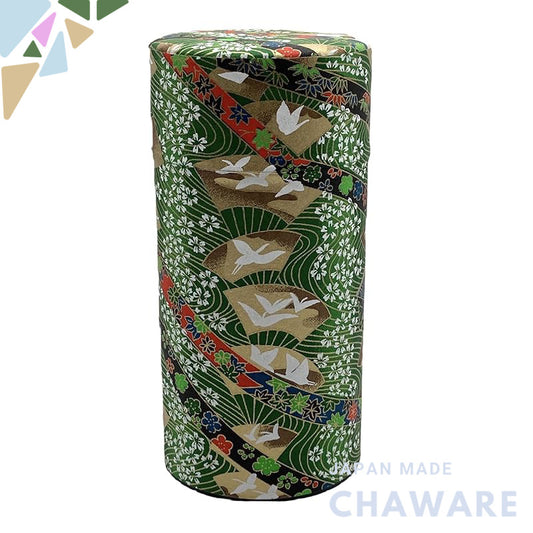 Noguchi Kumataro Tea Garden Large Capacity Tea Canister 200g with Inner Lid, Yuzen Washi Paper Design, Adorned with Cran