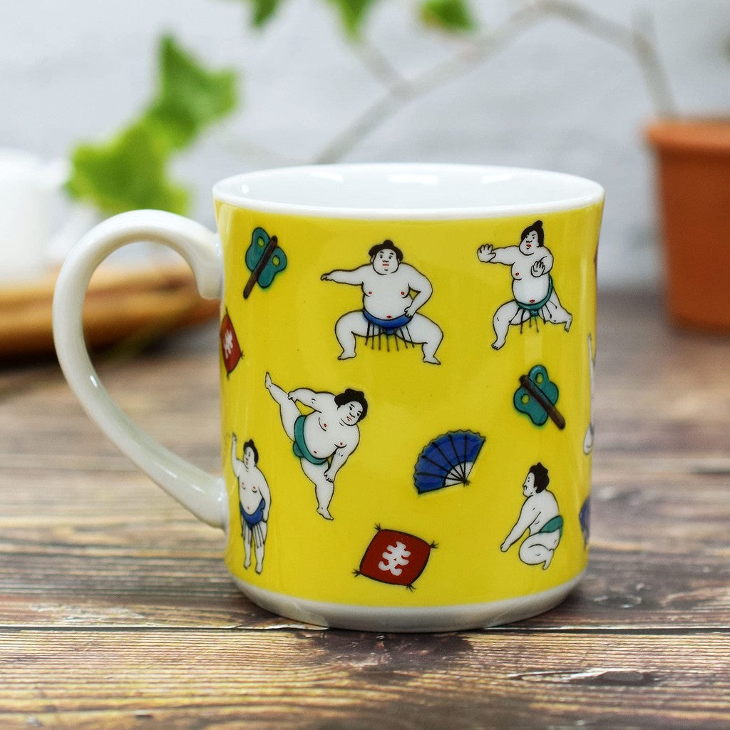 Waza no Kura Kutani Porcelain Sumo Wrestler Mug - Premium Japanese Tableware, Perfect Gift for Kanreki Celebration, Handmade and Authentic, High-Quality Ceramics.chaware