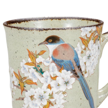 Kutani Ware Iwataya "Kutani Yaki" Mug with Mountain Cherry Blossom and Bird Design K8-824 - Handcrafted Japanese Porcelain for Coffee and Tea Lovers. Perfect Gift for Home Decor! Tea bowl