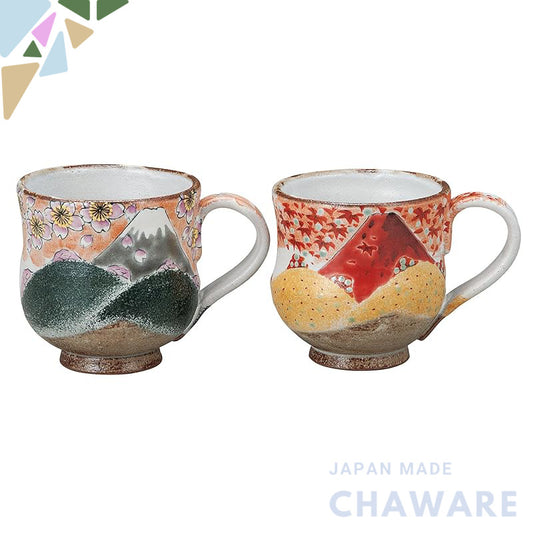 Ino Masamine Kutani Porcelain Mug Set - Spring Fuji & Autumn Fuji Design K8-964, Elegant Japanese Ceramics Gift Pair, Pe