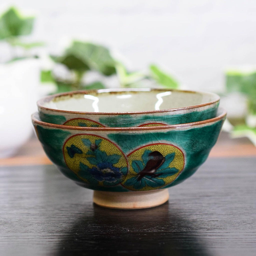 【made in japan】
Kura Waza Pair Rice Bowls - Elegant Japanese Tableware, Kutani Ceramics, Green Circle Pattern, High-Quality Pottery, Perfect for Weddings, Anniversaries, and Special Celebrations - Made in Japan Gift.