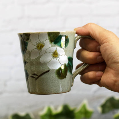 Stylish Pair of Waza no Kura Kutani-Yaki Ceramic Mugs - Premium Gold and Silver Camellia Design, High-End Japanese Tableware, Made in Japan.chaware