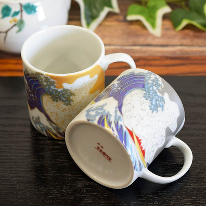 Stylish Pair of Kutani Porcelain Mugs from Waza no Kura - High-End Hokusai Wave Design Tableware, Made in Japan. Perfect Gift for Art Lovers and Tea Enthusiasts.chaware