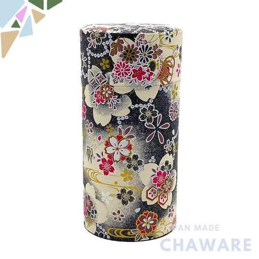 Noguchi Kumataro Tea Garden Large Tea Canister 200g with Inner Lid, Stylish Washi Paper Design, Dark Blue and Black, Mad