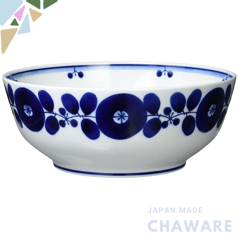 Hakusan Pottery Blue Bloom Bowl L, approximately 21.5×8 cm, Hasami Yaki, Made in Japan. Perfect for serving and showcasi