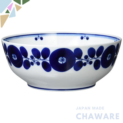 Hakusan Pottery Blue Bloom Bowl L, approximately 21.5×8 cm, Hasami Yaki, Made in Japan. Perfect for serving and showcasi
