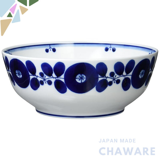 Hakusan Pottery Blue Bloom Bowl L, approximately 21.5×8 cm, Hasami Yaki, Made in Japan. Perfect for serving and showcasi