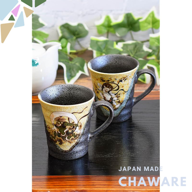 Stylish Pair Set of Kutsu Ware Mag Cup - Kuro-Akira Design, High-Quality Kutani Porcelain, Japanese Imported Tableware, 