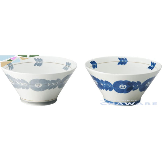 Aito Blossom Blue Floral Ceramic Bowl Pair 19cm Lightweight Mino Ware Microwave & Dishwasher Safe Made in Japan