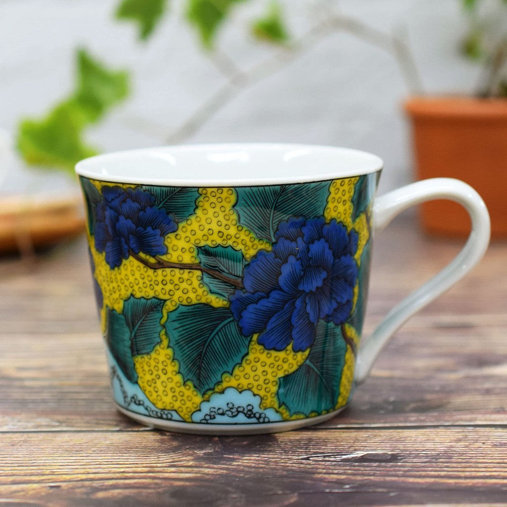 Waza no Kura Kutani Porcelain Mug with Peony Design - High-Quality Japanese Tableware, Perfect Gift for 77th Birthday Celebrations, Made in Japan. Teaware