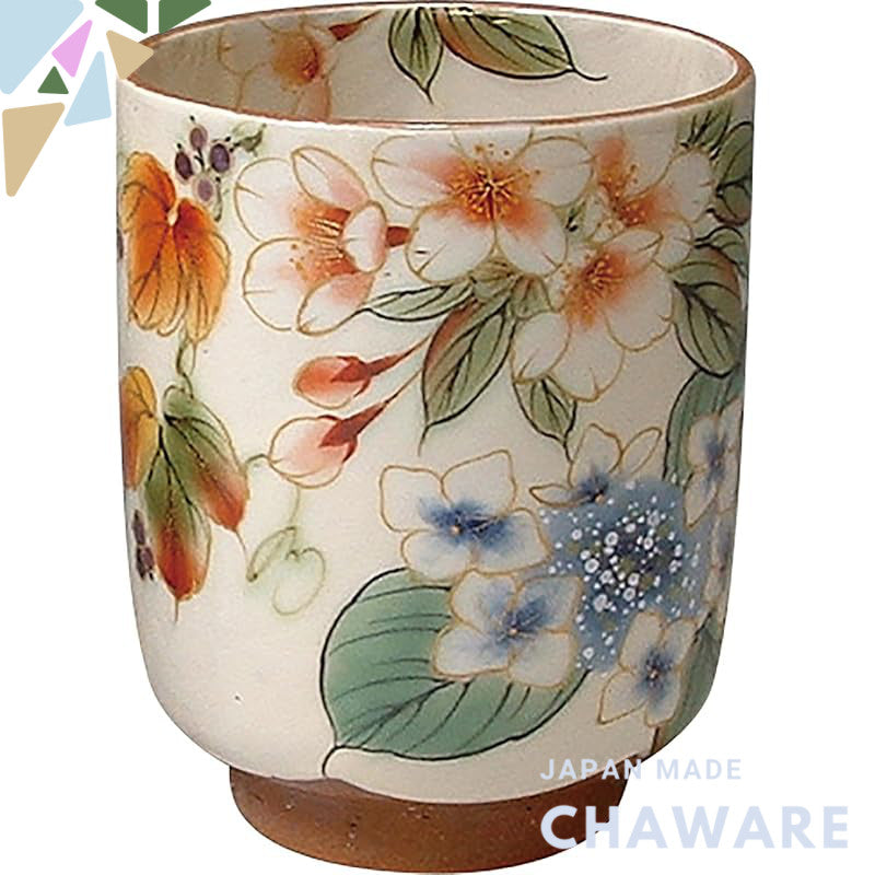 【made in japan】
Kyo-yaki Seimiyaki Ceramic Tea Cup - Large Size, White Glaze with Colorful Floral Design, KTA217-01