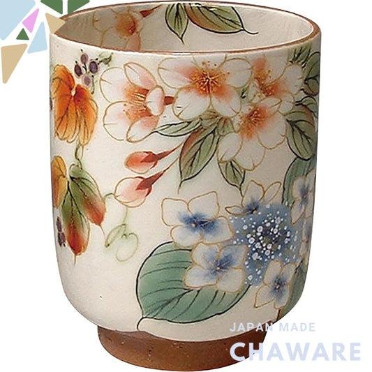 【made in japan】
Kyo-yaki Seimiyaki Ceramic Tea Cup - Large Size, White Glaze with Colorful Floral Design, KTA217-01