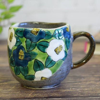 Stylish Kutani Ware Mug with Camellia Design, High-Quality Ceramic Cup, Elegant Tableware, Premium Japanese Brand, Perfect for Gifting and Daily Use.Teacup