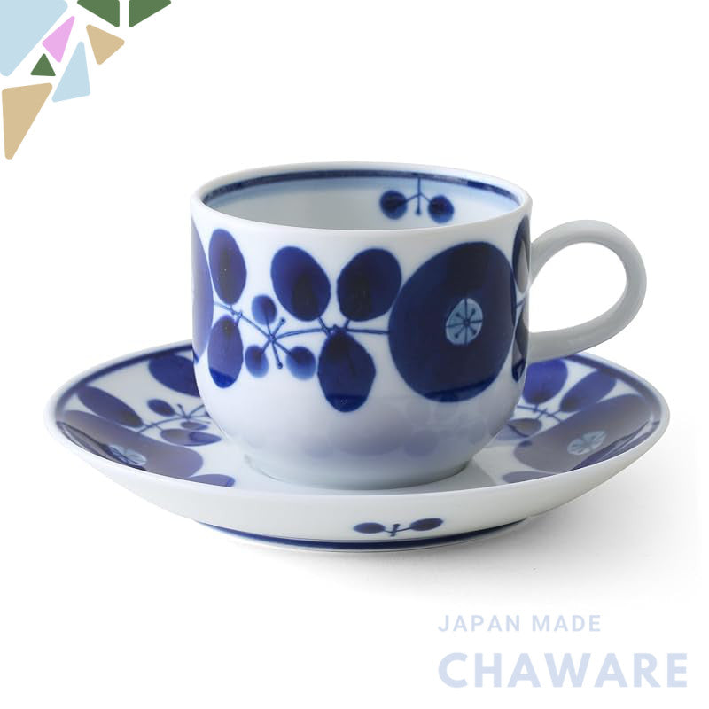 Hakusan Ceramic Coffee Cup and Saucer Set in Blue Bloom, 200ml Capacity, Dimensions: 7.5x6cm Cup, 14.5x2cm Saucer, Authe