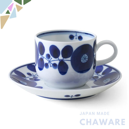 Hakusan Ceramic Coffee Cup and Saucer Set in Blue Bloom, 200ml Capacity, Dimensions: 7.5x6cm Cup, 14.5x2cm Saucer, Authe